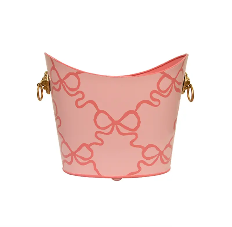 Wastebasket - Bows Handpainted Oval Metal Wastebasket With Gold Lion Head Handles 1