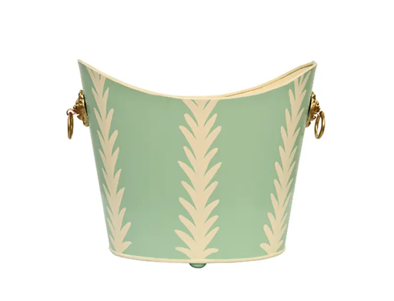 Wastebasket - Frond Handpainted Oval Metal With Goldtone Lionhead Handles 1