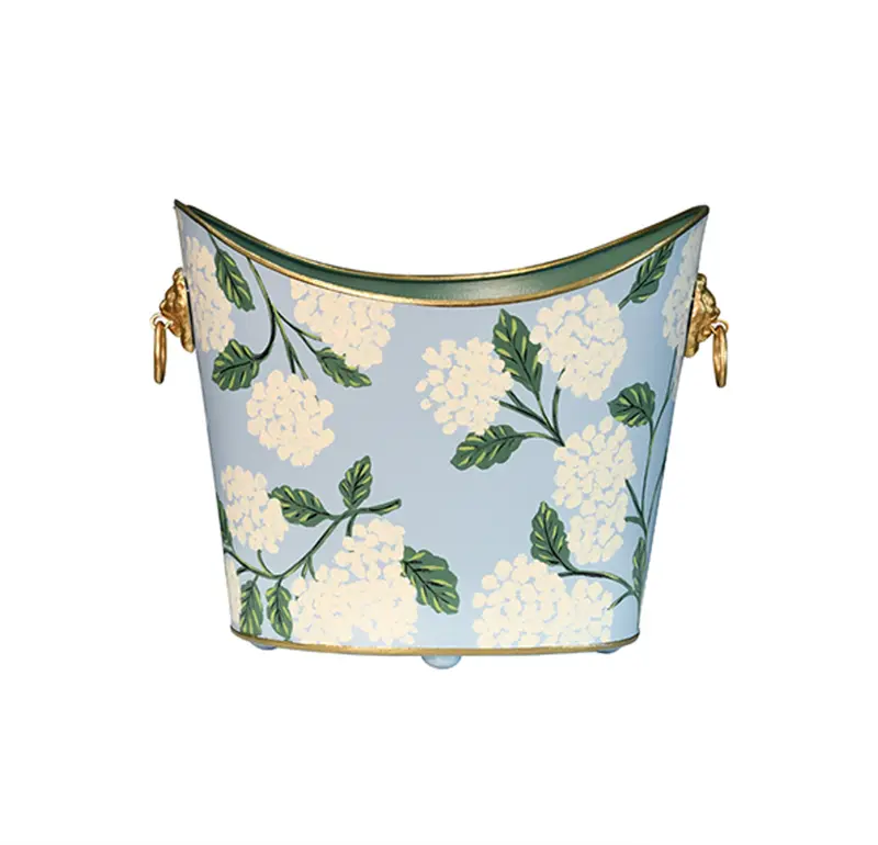 Wastebasket - Hydrangea Handpainted Oval Metal With Goldtone Lionhead Handles 1