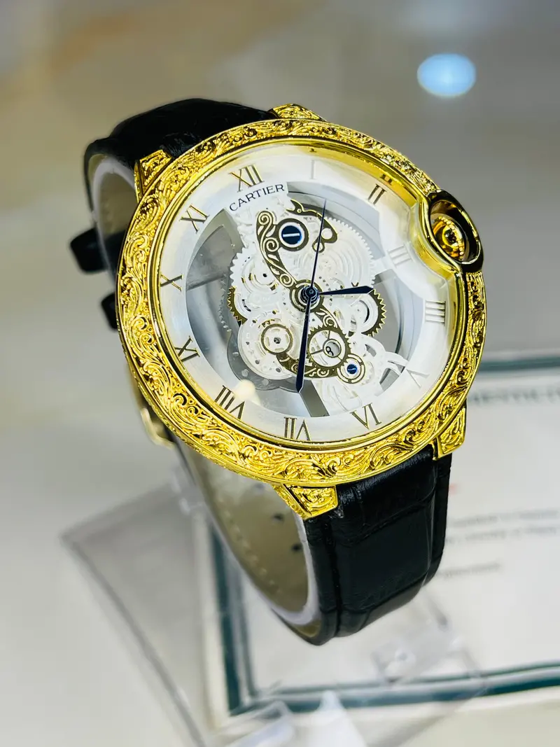 White Gold Engraved Skeleton Dial Watch 1