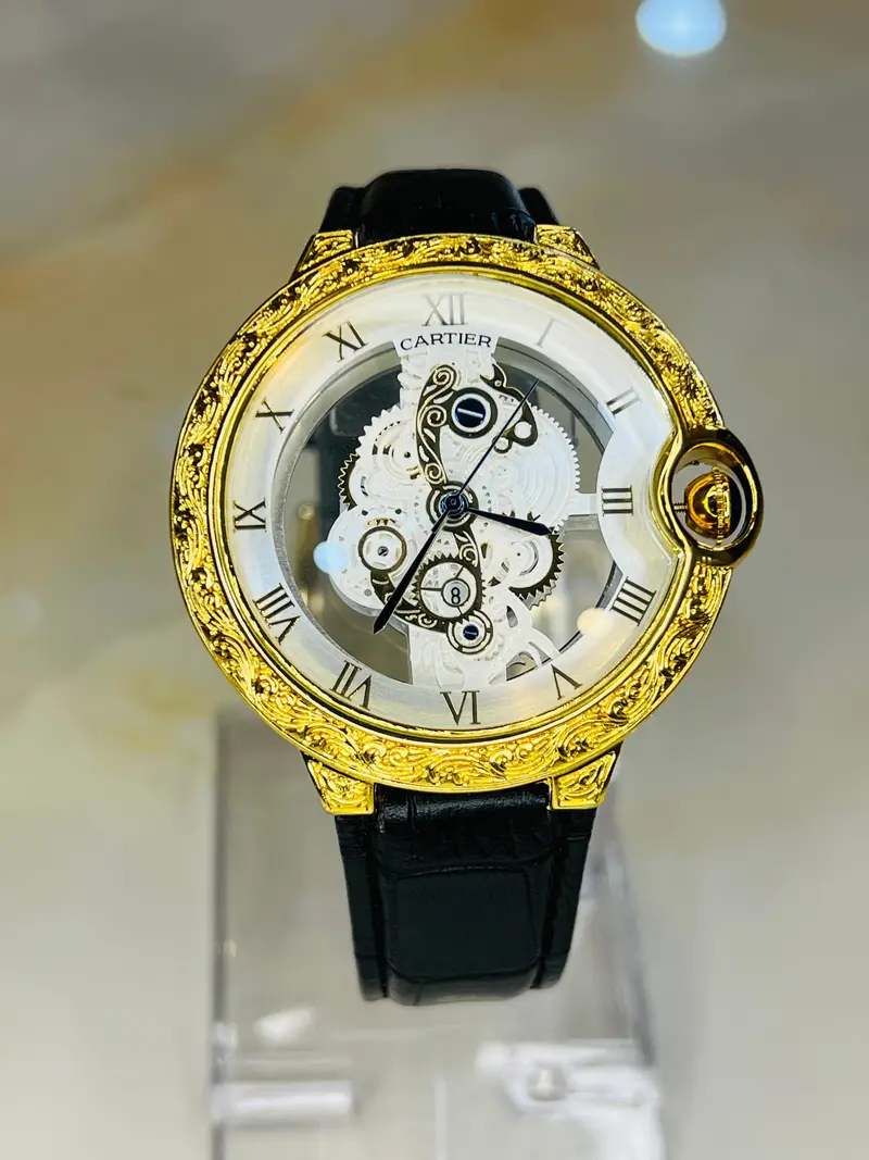 White Gold Engraved Skeleton Dial Watch 2