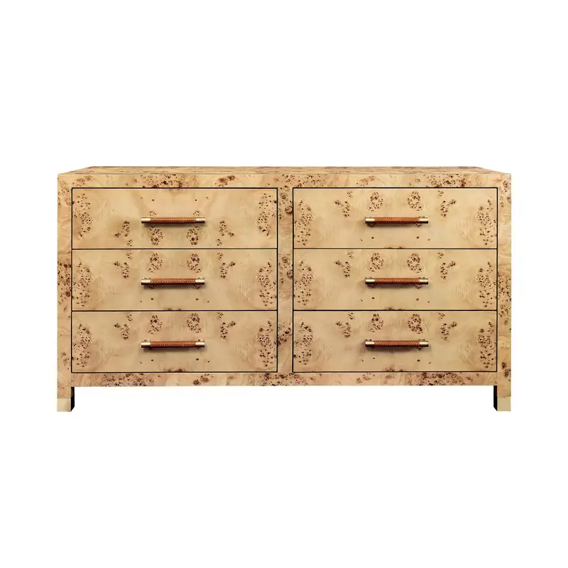 Winchester Burlwood Six Drawer Dresser W/Rattan Wrapped Handles 1