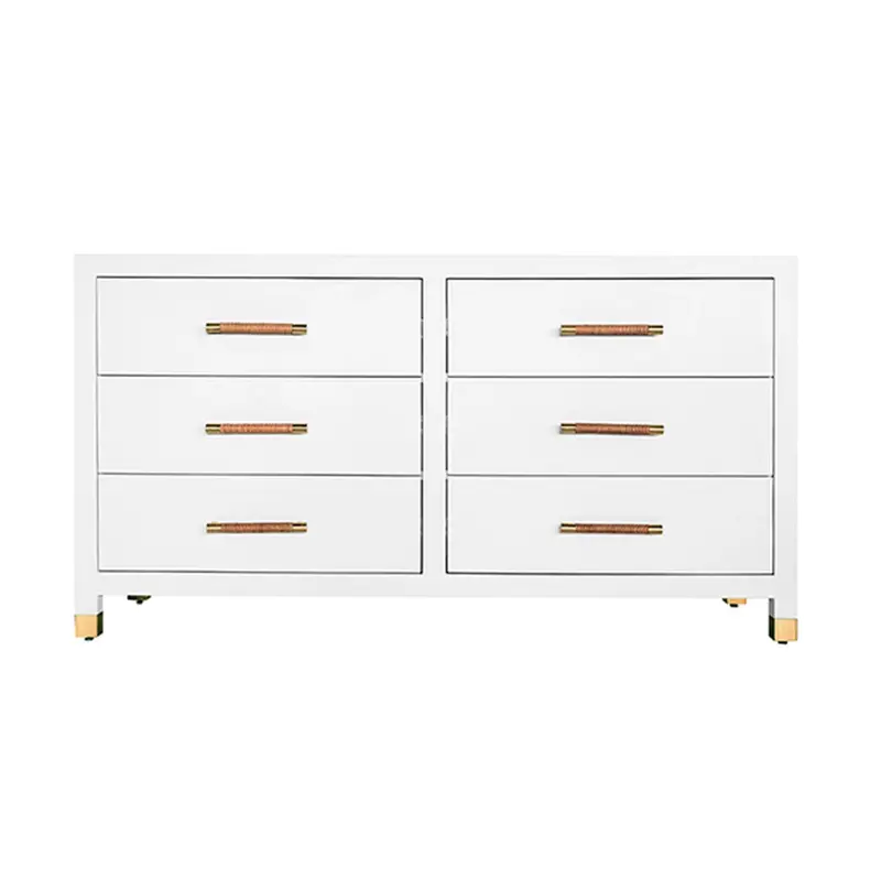 Winchester Matte White Lacquer Six Drawer Chest W/Rattan Wrapped Handles 1