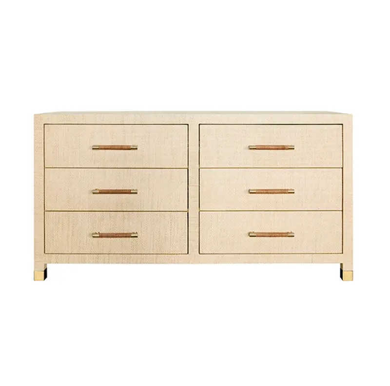 Winchester Natural Grasscloth Six Drawer Chest W/Rattan Wrapped Handles 1