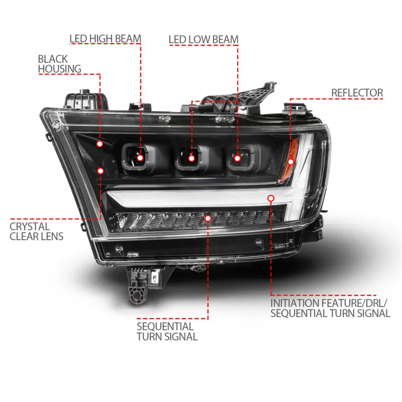 Anzo Full Led Projector Headlight Assembly For 2019–2024 Ram 1500 – Driver Side, Black Housing With Drl & Sequential Turn Signals 1