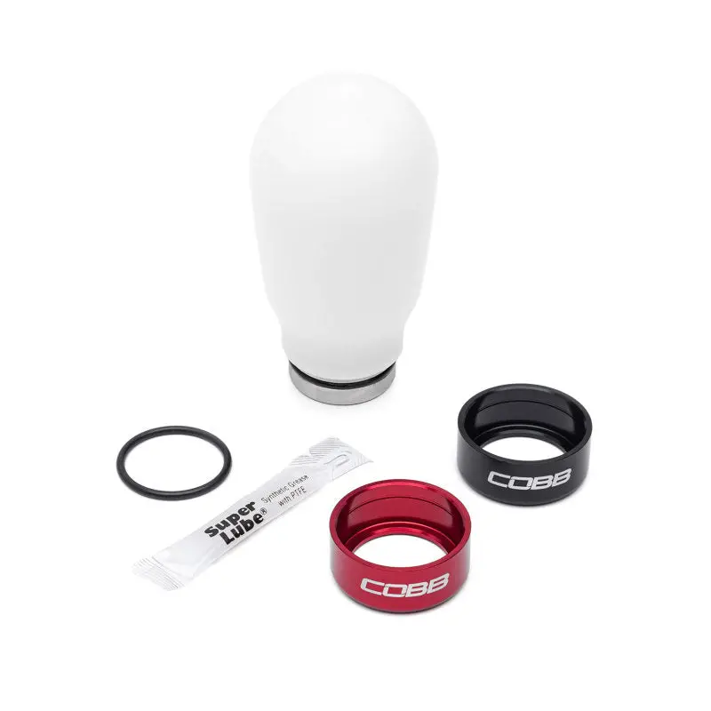 Cobb Weighted Shift Knob For Subaru 6-Speed – Tall Design, White Finish With Red And Black Collars 1