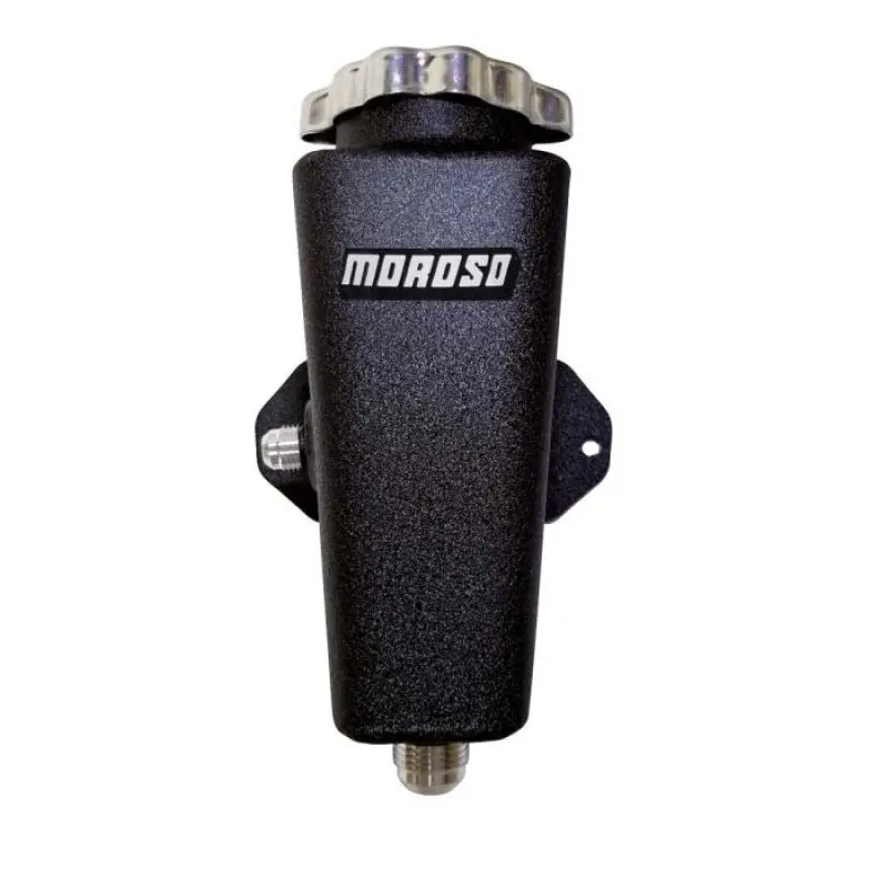 Moroso Universal Left-Side Power Steering Reservoir – 6An Inlet / 10An Outlet, Black Powder-Coated 1